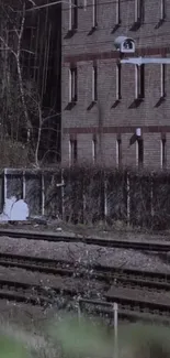 Calming urban scene with train tracks and brick building backdrop.