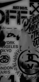 Black and white graffiti text wallpaper with city names.