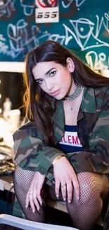 Urban camo jacket with graffiti backdrop in a modern dressing room.