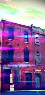 Vintage building with neon glow, urban artistic wallpaper.