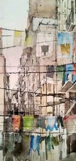 Watercolor urban street with colorful clothes hanging.