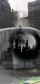 Fantasy urban winter night scene with icy fountain.