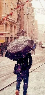 Person with umbrella walking on a snowy city street.