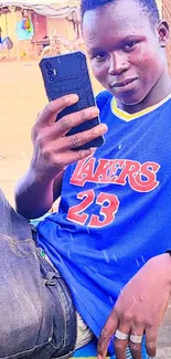 Young man in blue jersey holding a smartphone.