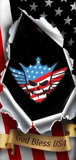 Patriotic skull design on USA flag background.