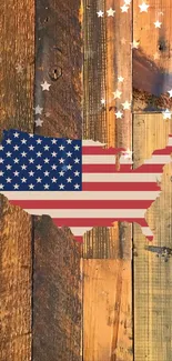 USA flag on wooden background with stars.