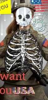 Military themed wallpaper with USA elements and skeleton ribcage.