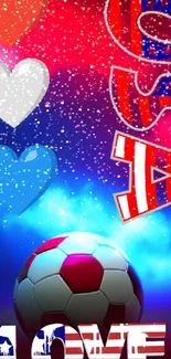 Patriotic USA soccer wallpaper with hearts and a ball.