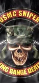 USMC sniper skull design with camo hat and rifles on black background.