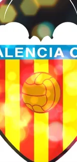 Valencia C.F. emblem with yellow and red stripes and a black bat design.