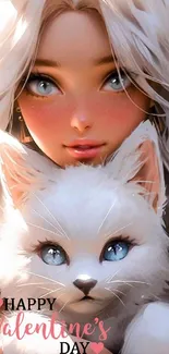 Anime girl with white cat celebrating Valentine's Day.