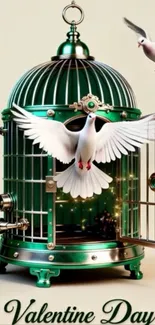 White doves flying near green cage on Valentine's.