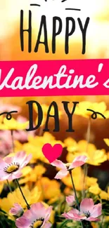 Colorful flowers with Valentine's Day text on a vibrant wallpaper.