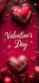 Valentine's Day wallpaper with red hearts and decor.
