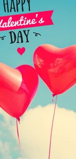 Valentine's Day wallpaper with heart balloons and sky background.