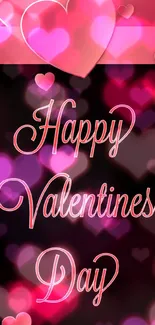 Valentine's Day wallpaper with pink hearts and elegant text on black background.