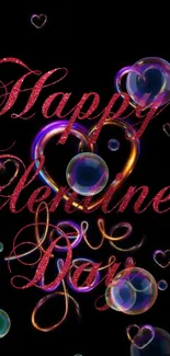 Romantic Valentine's Day wallpaper with glowing hearts and colorful bubbles.