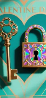 Valentine's Day themed wallpaper with a golden key and colorful lock on teal background.