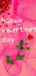 Valentine's Day pink background with a rose and hearts.