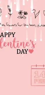 Pink Valentine's Day wallpaper with flowers and hearts.