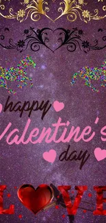 Romantic Valentine's Day wallpaper with hearts and cosmic background.