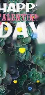 Succulent Valentine's Day wallpaper with colorful hearts.