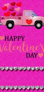 Pink Valentine's Day wallpaper with truck and hearts.