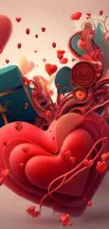 Artistic explosion of hearts in red and teal for Valentine's Day.