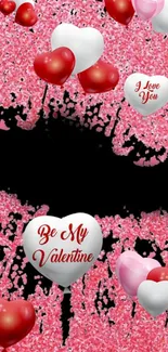 Valentine's Day wallpaper with heart balloons and pink texture.