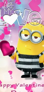 Cute Minion Valentine's Day wallpaper with pink hearts and love theme.