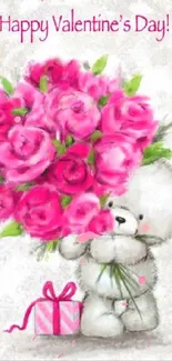 Cute teddy bear with a bouquet of pink roses for Valentine's Day.