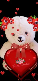 Valentine teddy bear with red heart and flowers wallpaper.