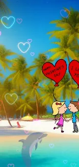 Cartoon couple on beach with balloons and dolphin in blue water.