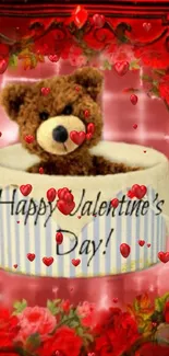 Teddy bear in heart-filled Valentine's Day wallpaper with red floral accents.