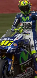 Valentino Rossi on MotoGP bike with vibrant colors and iconic number 46.