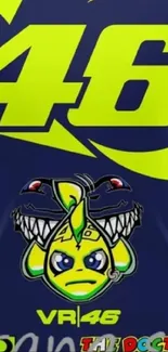 Valentino Rossi VR46 jersey wallpaper in navy blue and neon yellow design.