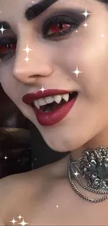 Vampire inspired mobile wallpaper with gothic makeup and intricate jewelry.