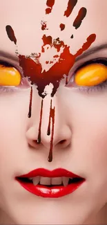 Vampire face with blood handprint and yellow eyes on pale background.