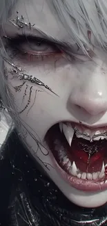 Artistic depiction of a fierce vampire with fangs and Gothic elements.