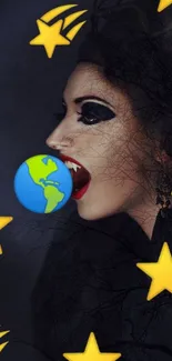 Gothic vampire biting Earth with stars.