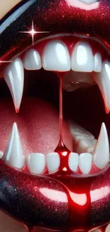 A bold vampire fangs mobile wallpaper with red blood dripping elegantly.