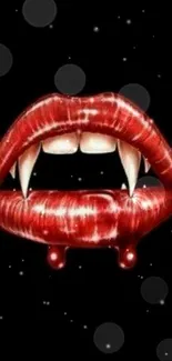 Vampire fangs with red lips on black wallpaper.