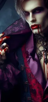 Vampire with gothic attire and blood-red accents on a purple backdrop.