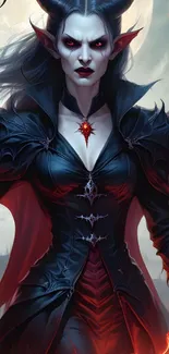 Dark and elegant vampire queen in black and red gothic attire on mobile wallpaper.