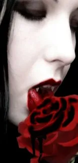 Gothic art of a vampire with a red rose on dark background.