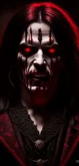 Vampire with glowing red eyes in dark, gothic setting.