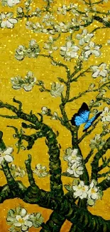 Van Gogh style blossom wallpaper with yellow background and blue butterfly.