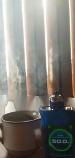 A steaming coffee cup and vapor against wooden blinds.