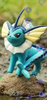 Vaporeon figurine on muddy ground surrounded by grass