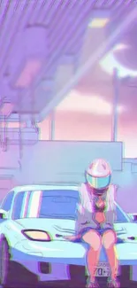 Anime character in helmet, sitting on car in vaporwave style.